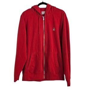 Original Penguin Zip-up Fleece Hoodie Sweatshirt Sticker Pete Rococco Red sz L